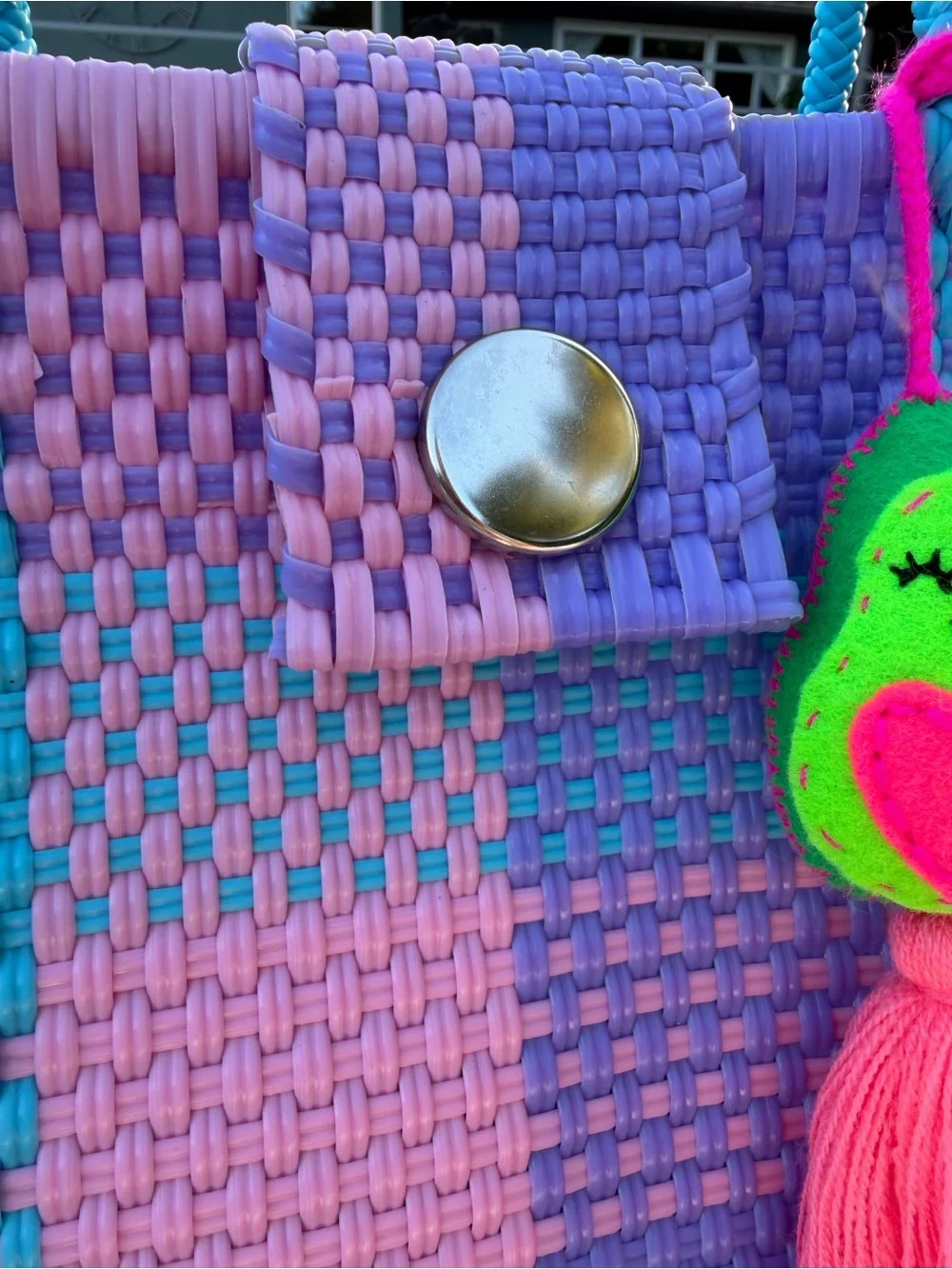 Turquoise Pink Purple Woven Tote with Tassel Charm